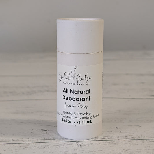All natural deodorant bottle on a wooden surface with a gray background